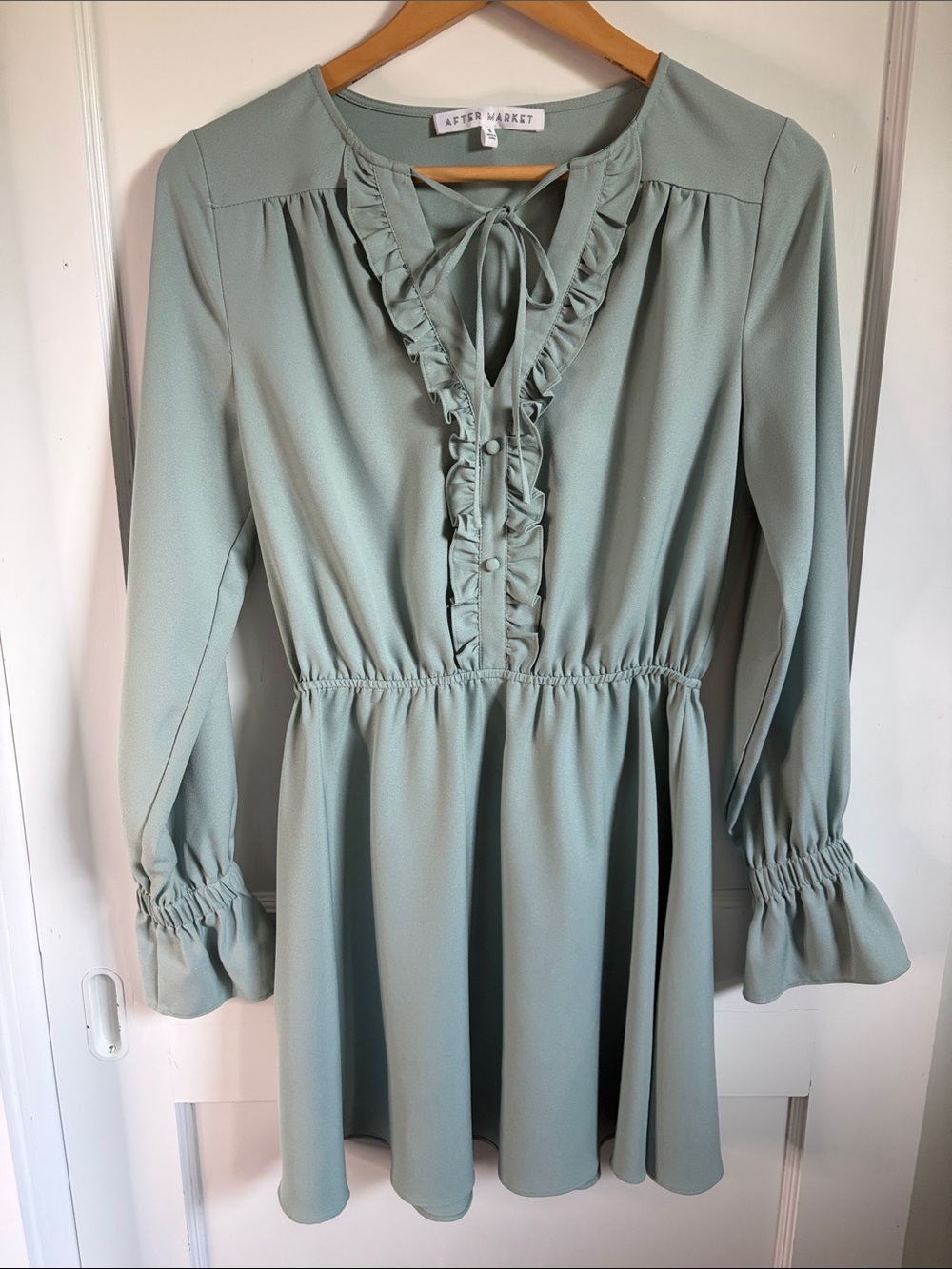 After Market Sage Green Long-Sleeve Ruffle Tie-Neck Dress